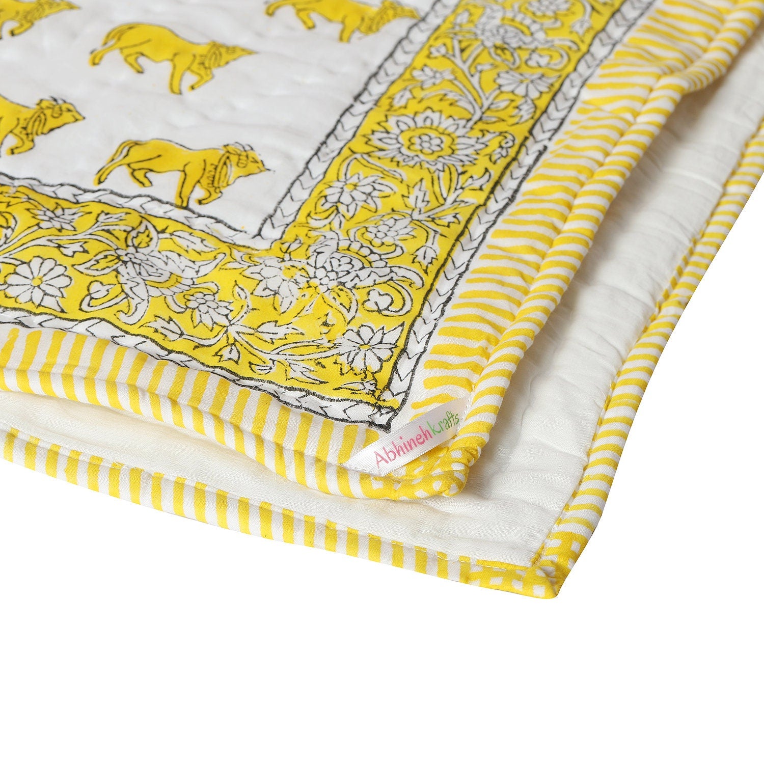 Kids Quilt/Blanket - Organic Cotton - Baby, Infants, Toddlers, Preschoolers, Children - Soft Warm Handmade - Cows - Yellow