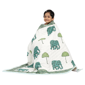 Kids Quilt/Blanket - Organic Cotton - Baby, Infants, Toddlers, Preschoolers, Children - Soft Warm Handmade - Elephants & Umbrellas