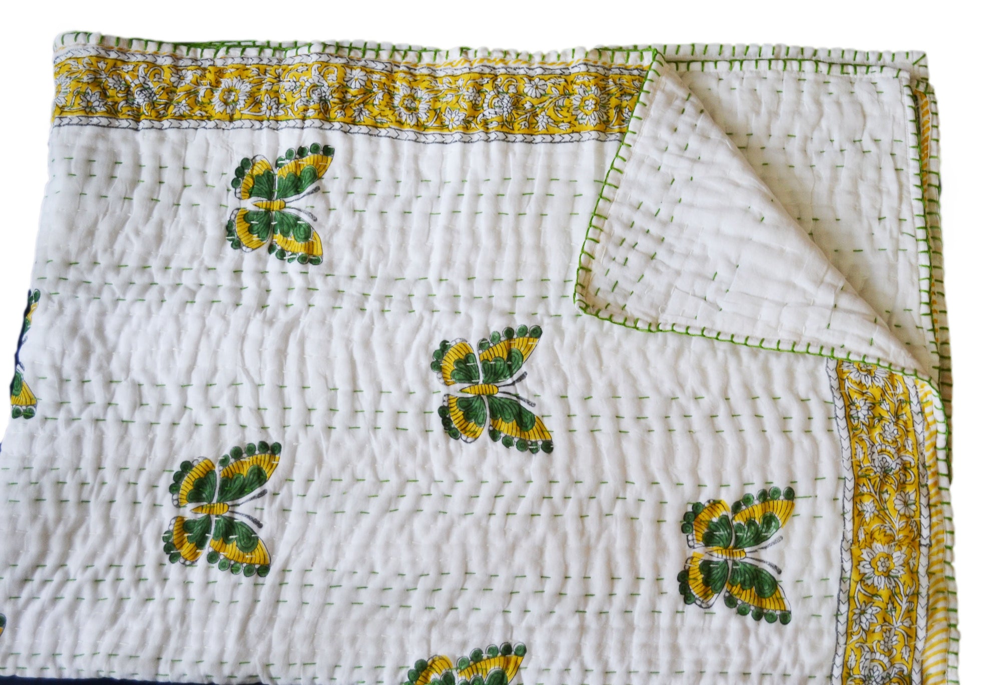 Kids Quilt/Blanket - Organic Cotton - Baby, Infants, Toddlers, Preschoolers, Children - Soft Warm Handmade - Butterflies - Yellow/Green