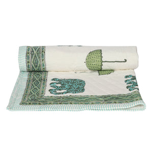 Kids Quilt/Blanket - Organic Cotton - Baby, Infants, Toddlers, Preschoolers, Children - Soft Warm Handmade - Elephants & Umbrellas