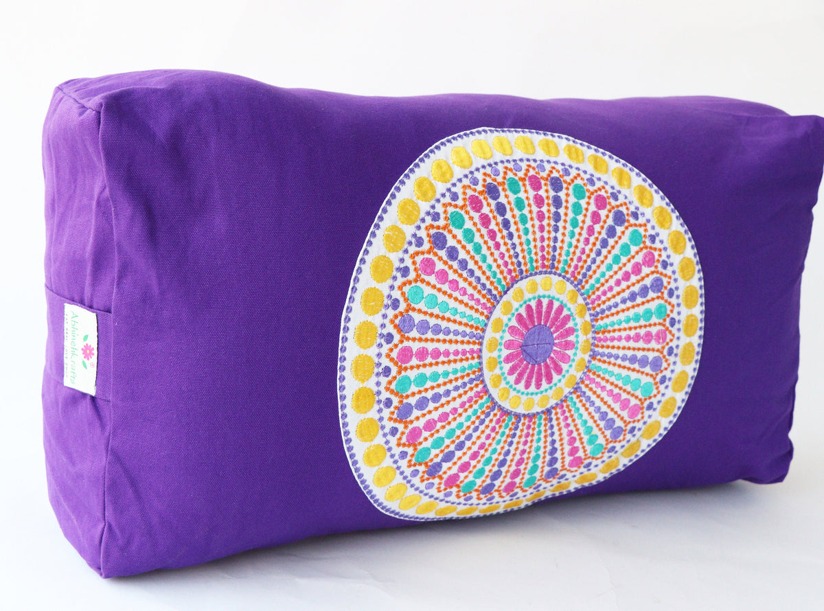Yoga Bolster Pillow for Meditation and Support - Rectangular Embroidered Yoga Cushion - Machine Washable - Made in India by AbhinehKrafts