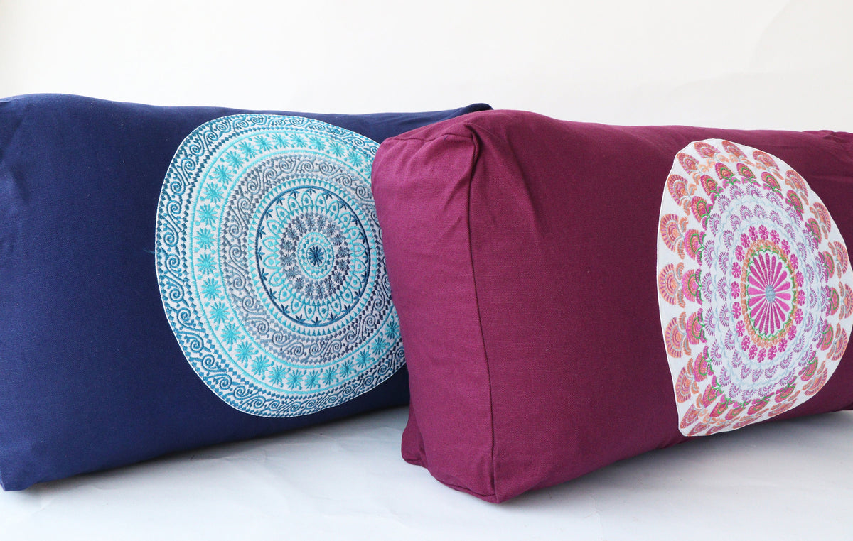 Yoga Bolster Pillow for Meditation and Support - Rectangular Embroidered Yoga Cushion - Machine Washable - Made in India by AbhinehKrafts