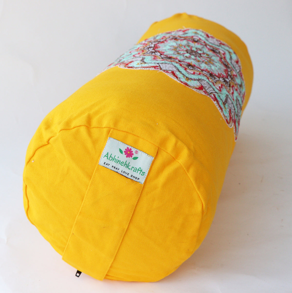 Round Yoga Bolster Pillow for Meditation and Support - Round Embroidered Yoga Cushion - Machine Washable - Made in India by AbhinehKrafts