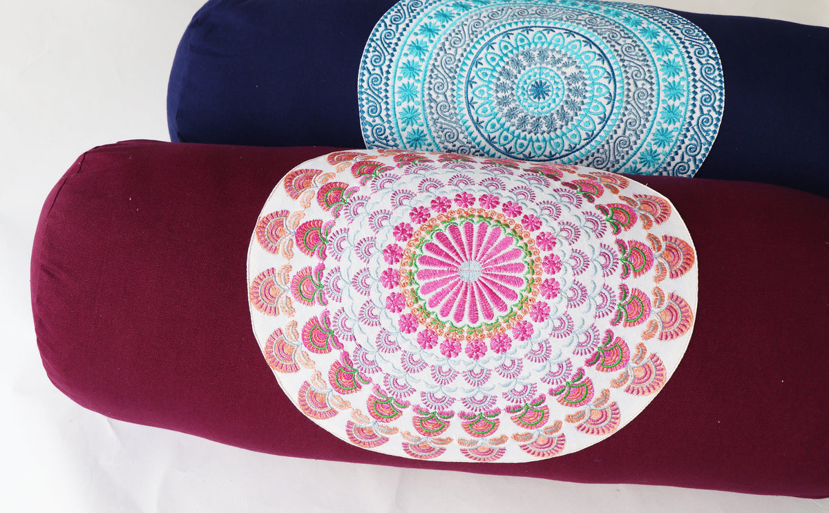 Round Yoga Bolster Pillow for Meditation and Support - Round Embroidered Yoga Cushion - Machine Washable - Made in India by AbhinehKrafts