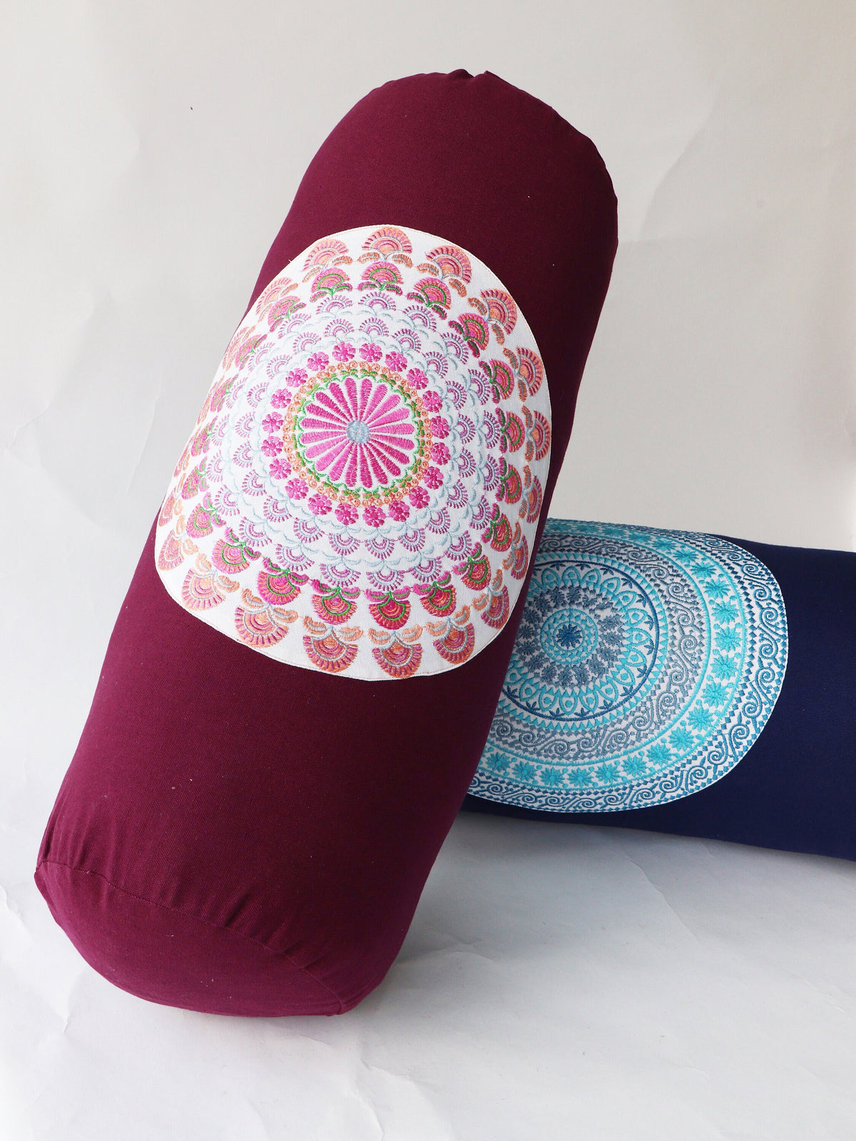 Round Yoga Bolster Pillow for Meditation and Support - Round Embroidered Yoga Cushion - Machine Washable - Made in India by AbhinehKrafts