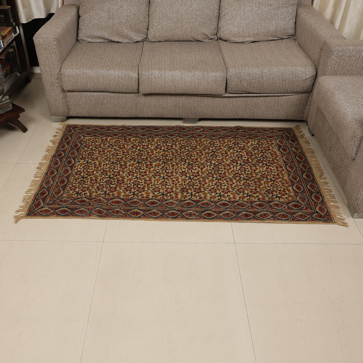 Large Cotton Yoga Mat -  5x3 feet Area Rug - Kalamkari Hand Block Printed - Cotton Area/Yoga Rug - Handwoven Cotton Carpet