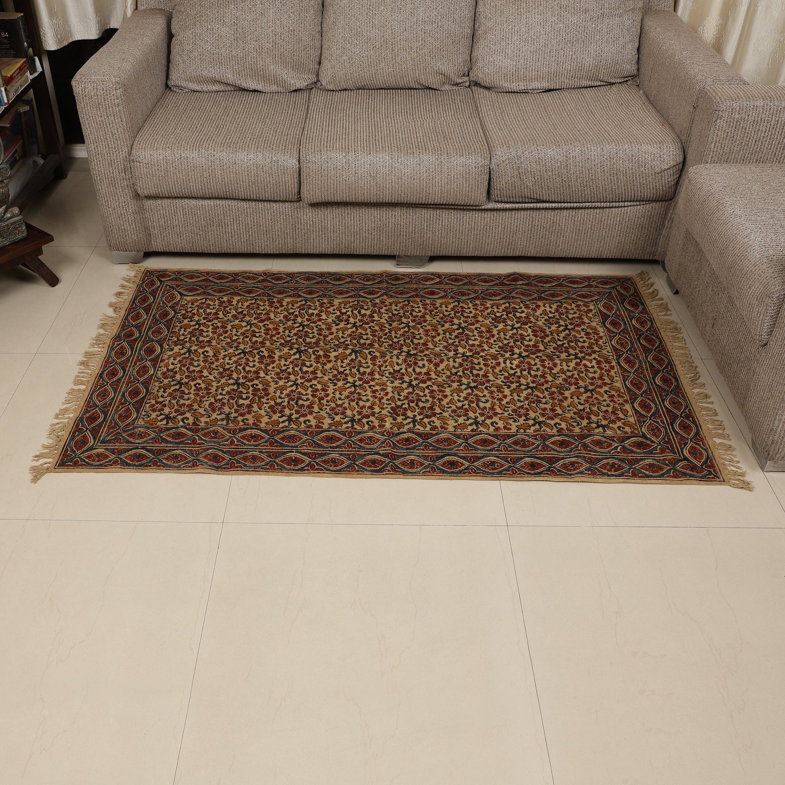 Large Cotton Yoga Mat -  5x3 feet Area Rug - Kalamkari Hand Block Printed - Cotton Area/Yoga Rug - Handwoven Cotton Carpet