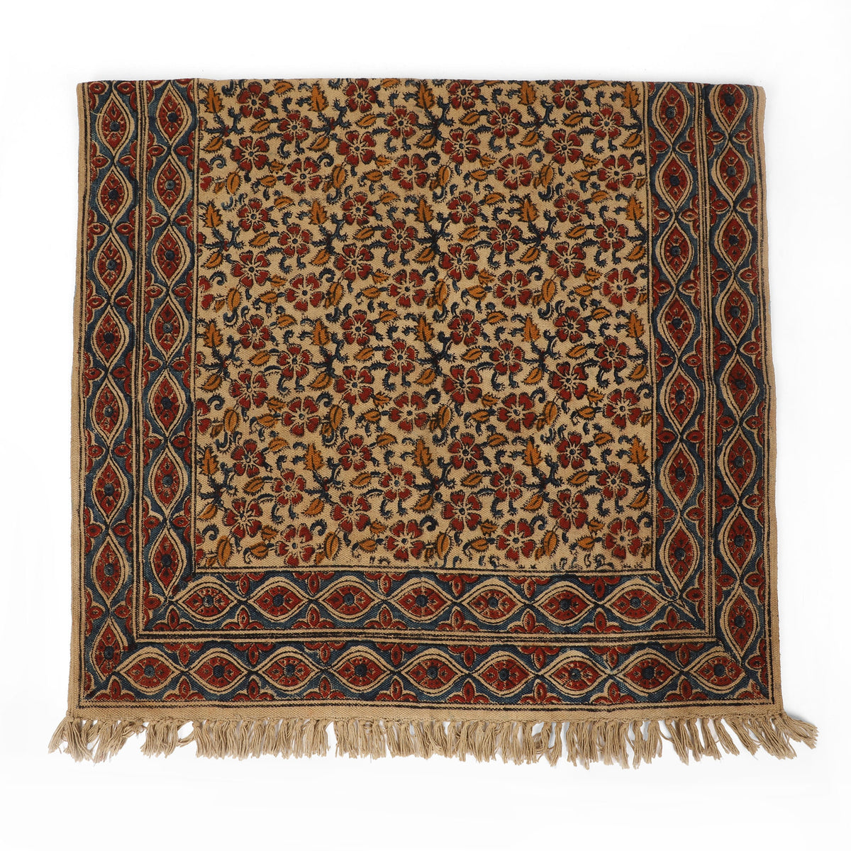 Large Cotton Yoga Mat -  5x3 feet Area Rug - Kalamkari Hand Block Printed - Cotton Area/Yoga Rug - Handwoven Cotton Carpet