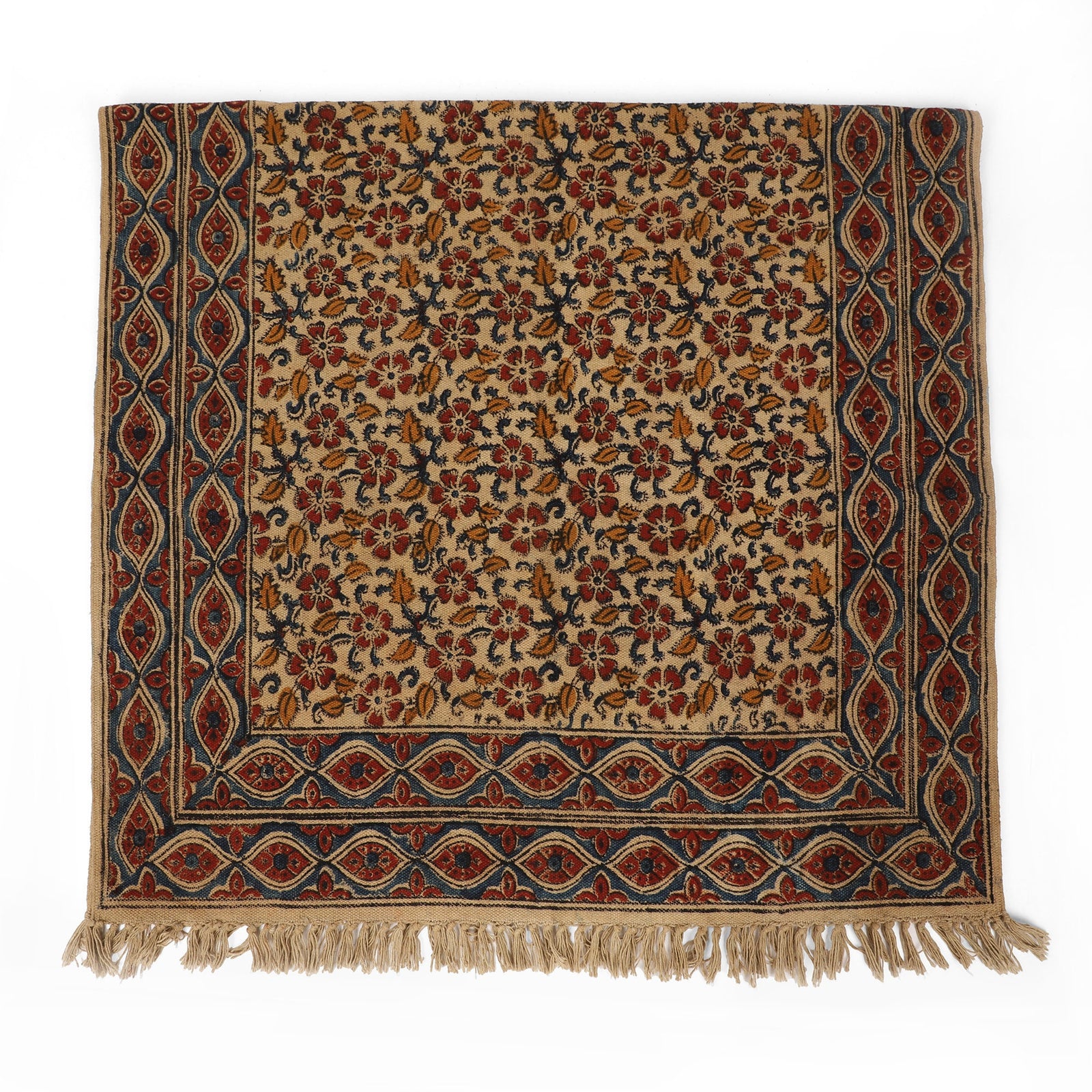 Large Cotton Yoga Mat -  5x3 feet Area Rug - Kalamkari Hand Block Printed - Cotton Area/Yoga Rug - Handwoven Cotton Carpet