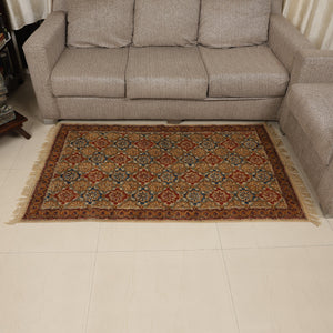 Large Cotton Yoga Mat -  5x3 feet Area Rug - Kalamkari Hand Block Printed - Cotton Area/Yoga Rug - Handwoven Cotton Carpet