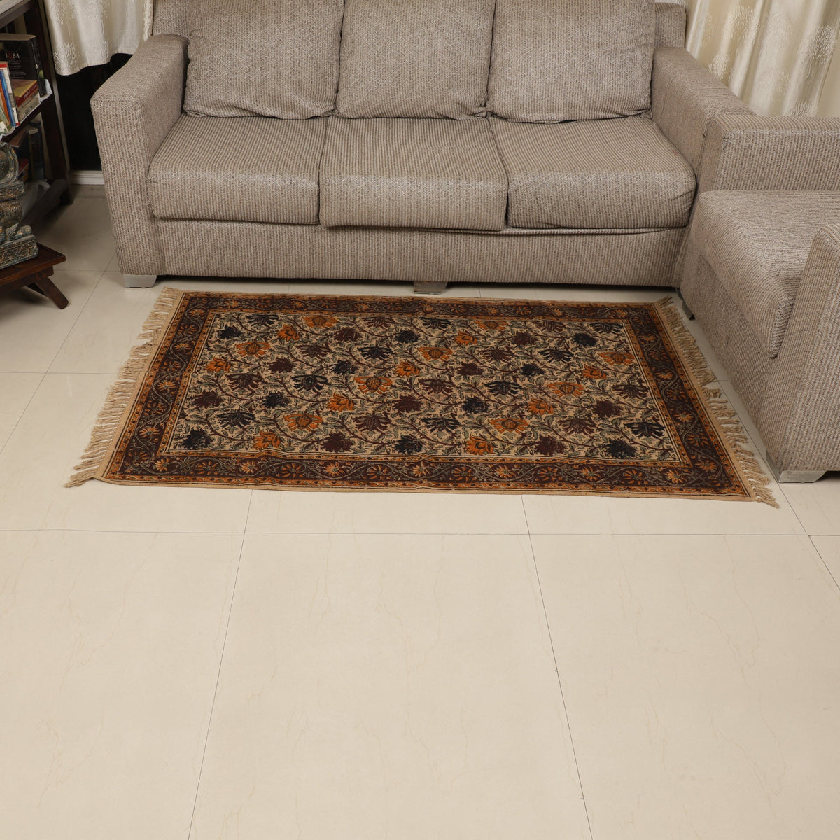 Large Cotton Yoga Mat -  5x3 feet Area Rug - Kalamkari Hand Block Printed - Cotton Area/Yoga Rug - Handwoven Cotton Carpet