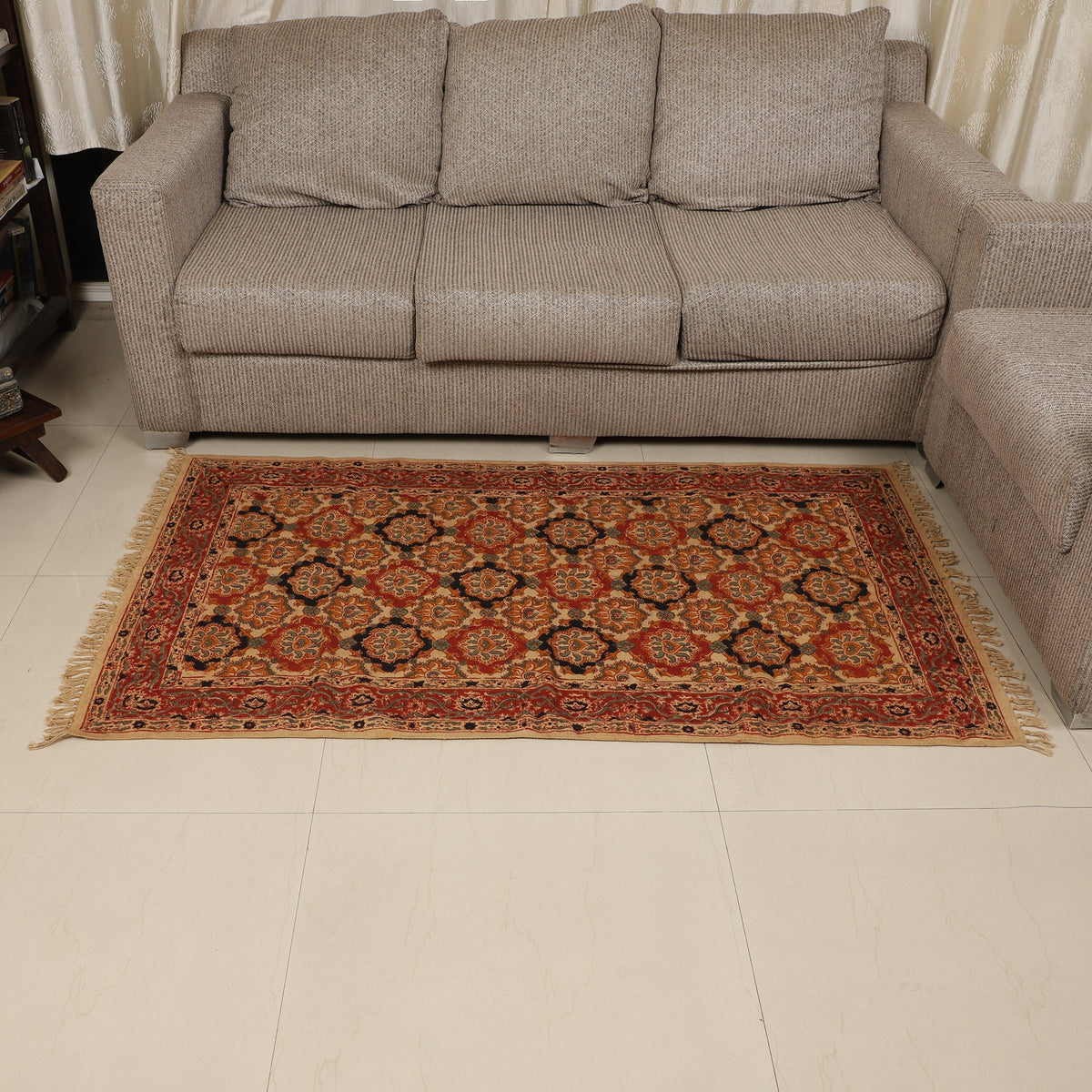 Large Cotton Yoga Mat -  5x3 feet Area Rug - Kalamkari Hand Block Printed - Cotton Area/Yoga Rug - Handwoven Cotton Carpet