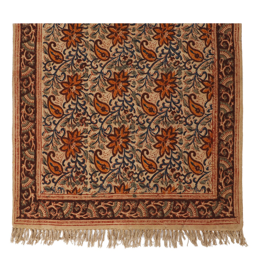 Large Cotton Yoga Mat - 5x3 feet Area Rug - Kalamkari Hand Block Printed - Cotton Area/Yoga Rug - Handwoven Cotton Carpet