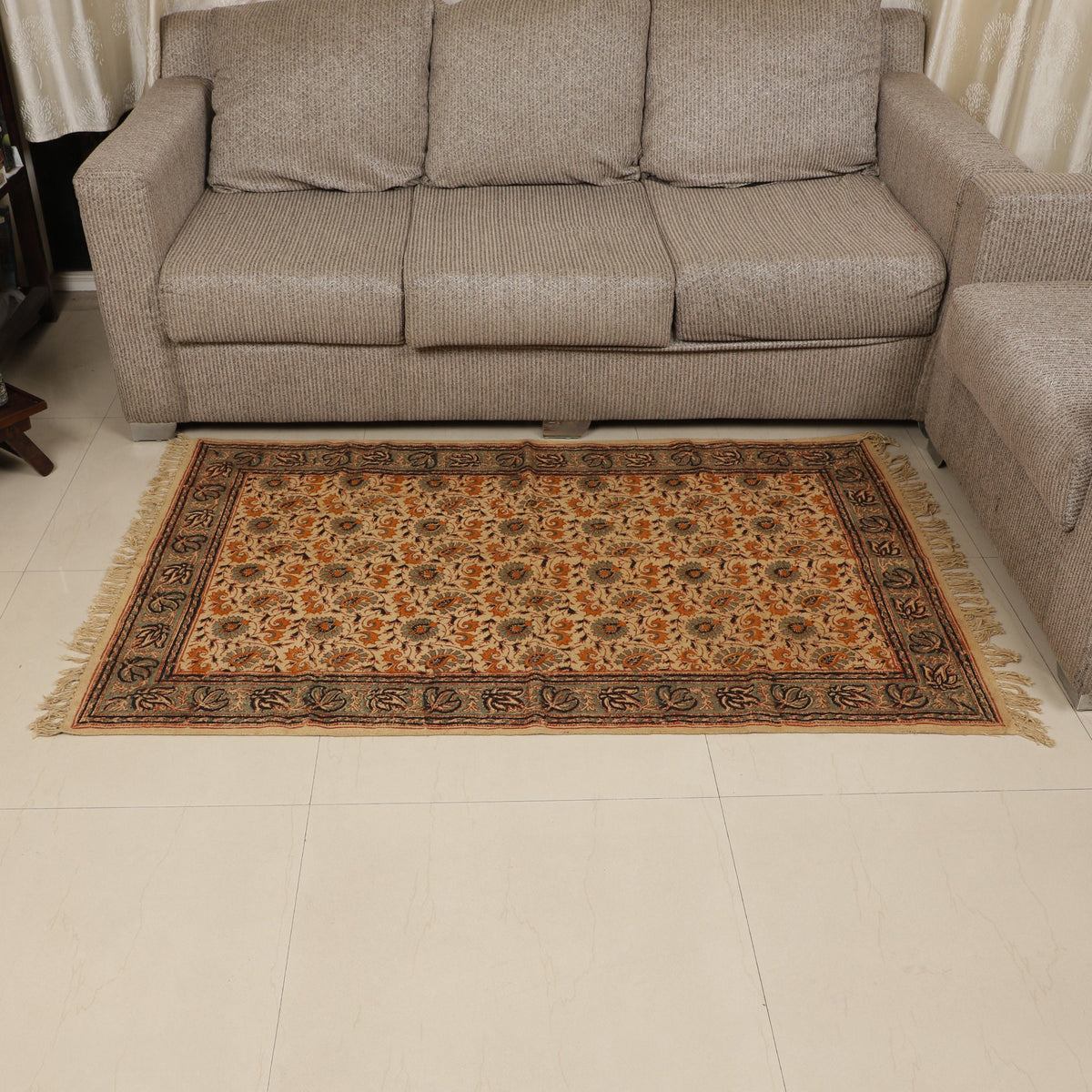 Large Cotton Yoga Mat - 5x3 feet Area Rug - Kalamkari Hand Block Printed - Cotton Area/Yoga Rug - Handwoven Cotton Carpet