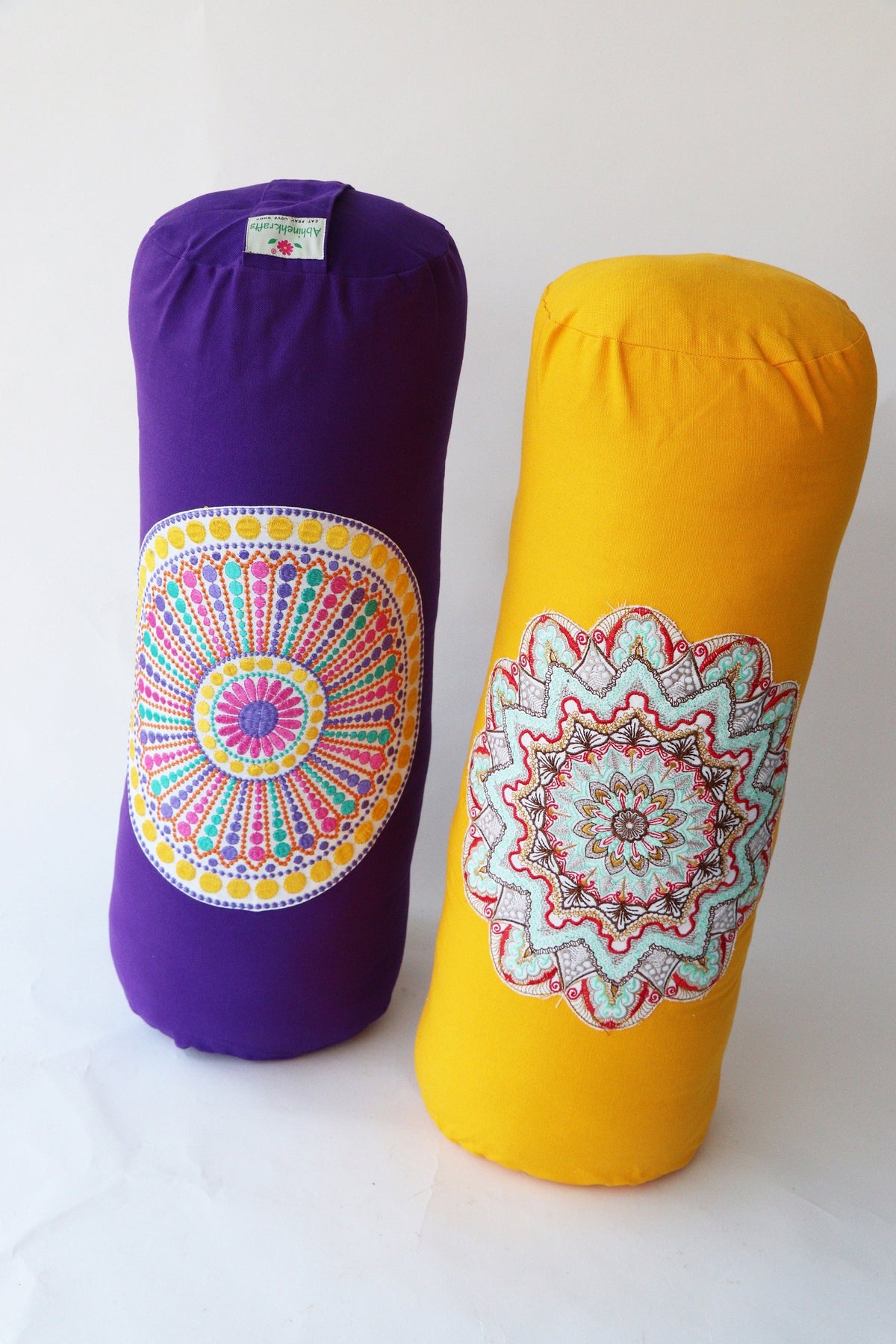 Round Yoga Bolster Pillow for Meditation and Support - Round Embroidered Yoga Cushion - Machine Washable - Made in India by AbhinehKrafts