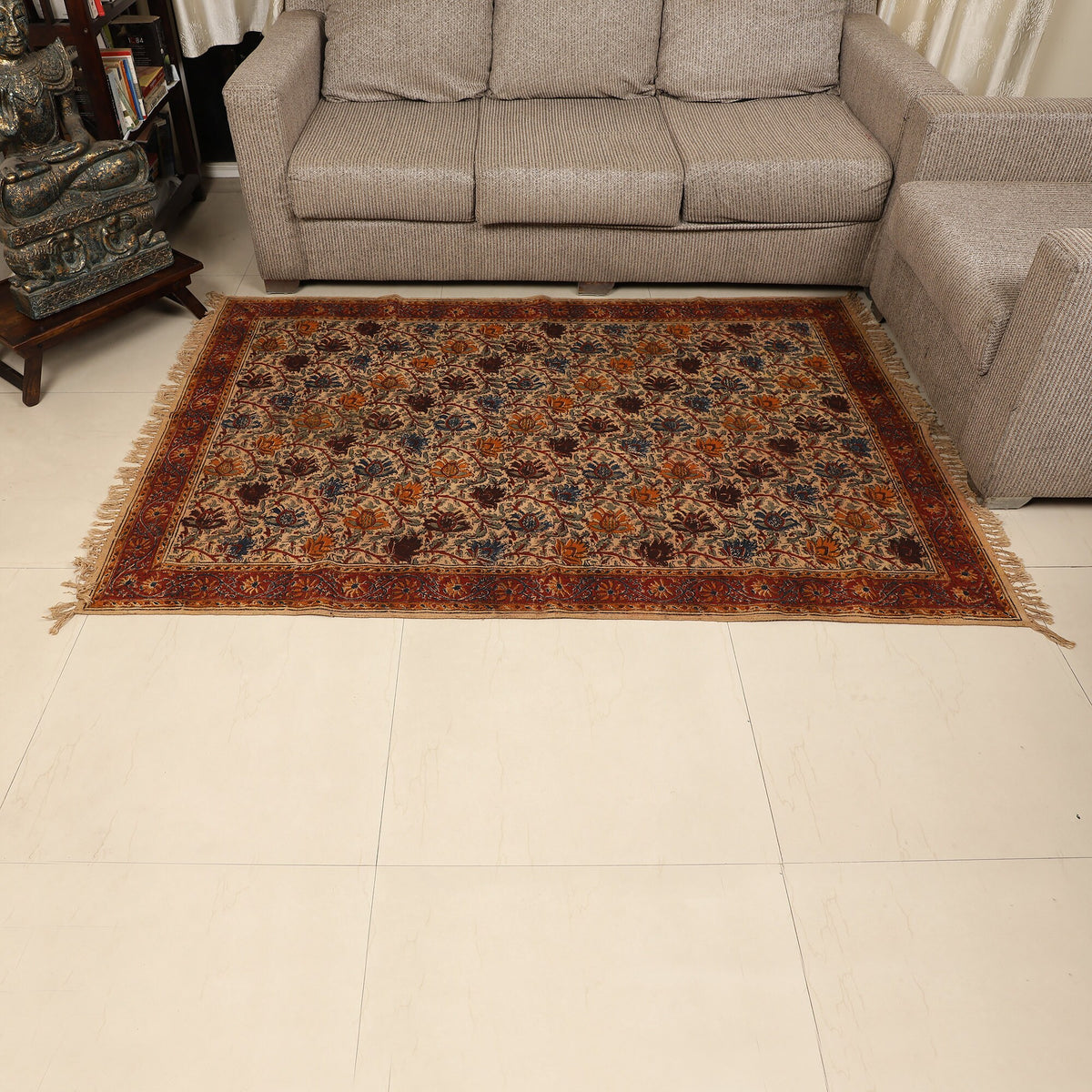 Large Cotton Yoga Mat - 6x4 feet (large) Area Rug - Kalamkari Hand Block Printed - Cotton Area/Yoga Rug - Handwoven Cotton Carpet