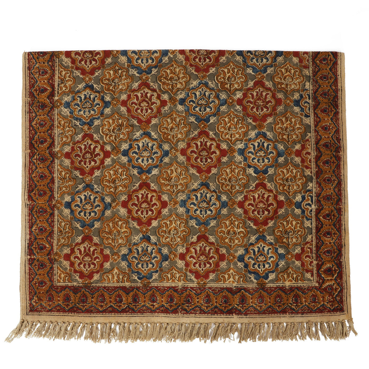 Large Cotton Yoga Mat -  5x3 feet Area Rug - Kalamkari Hand Block Printed - Cotton Area/Yoga Rug - Handwoven Cotton Carpet