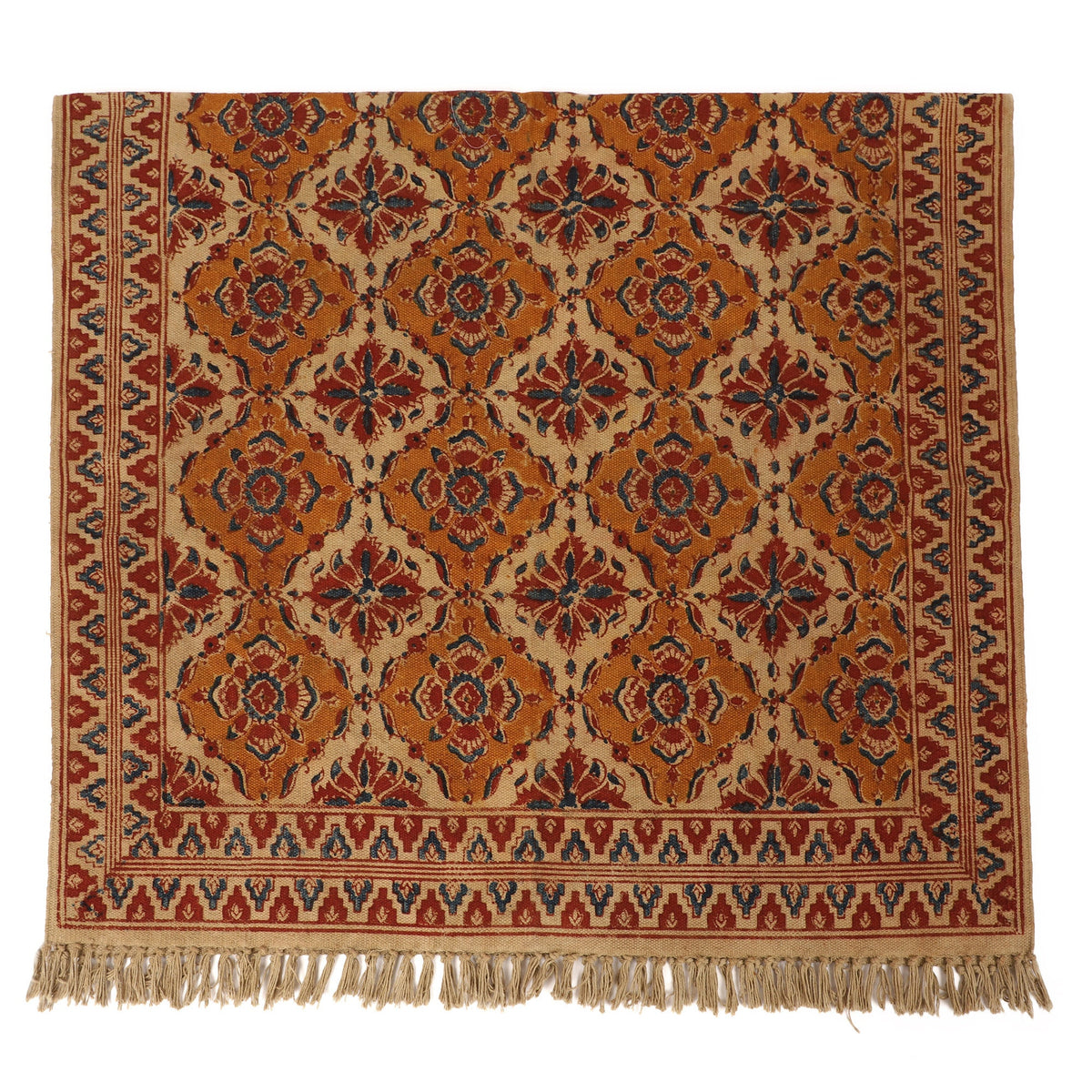 Large Cotton Yoga Mat - 5x3 feet Area Rug - Kalamkari Hand Block Printed - Cotton Area/Yoga Rug - Handwoven Cotton Carpet