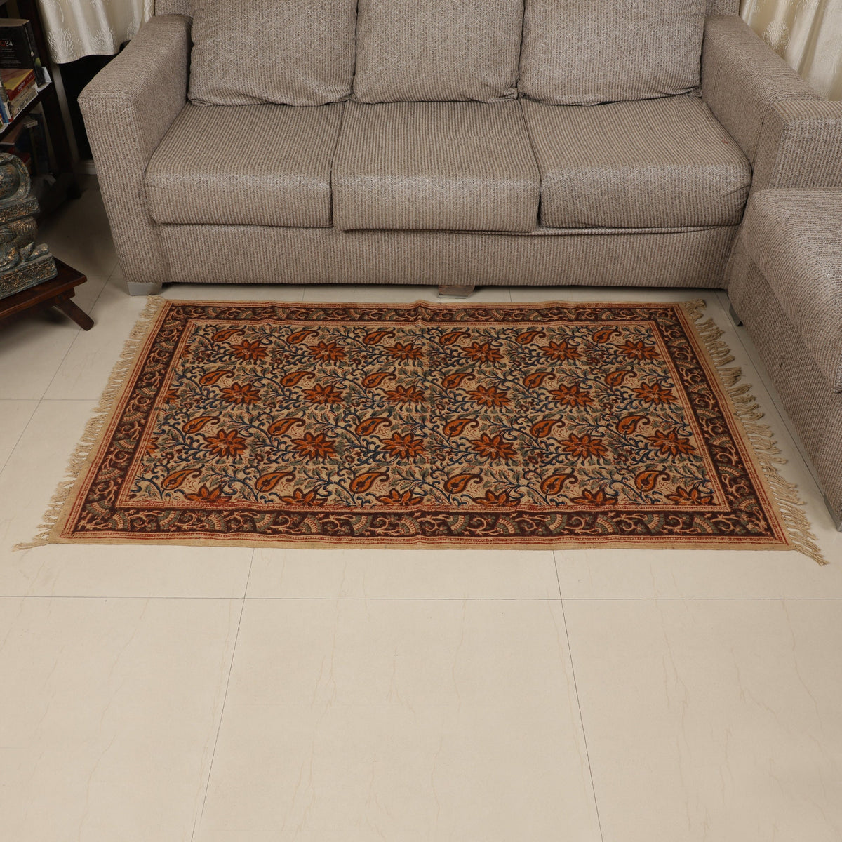 Large Cotton Yoga Mat - 5x3 feet Area Rug - Kalamkari Hand Block Printed - Cotton Area/Yoga Rug - Handwoven Cotton Carpet