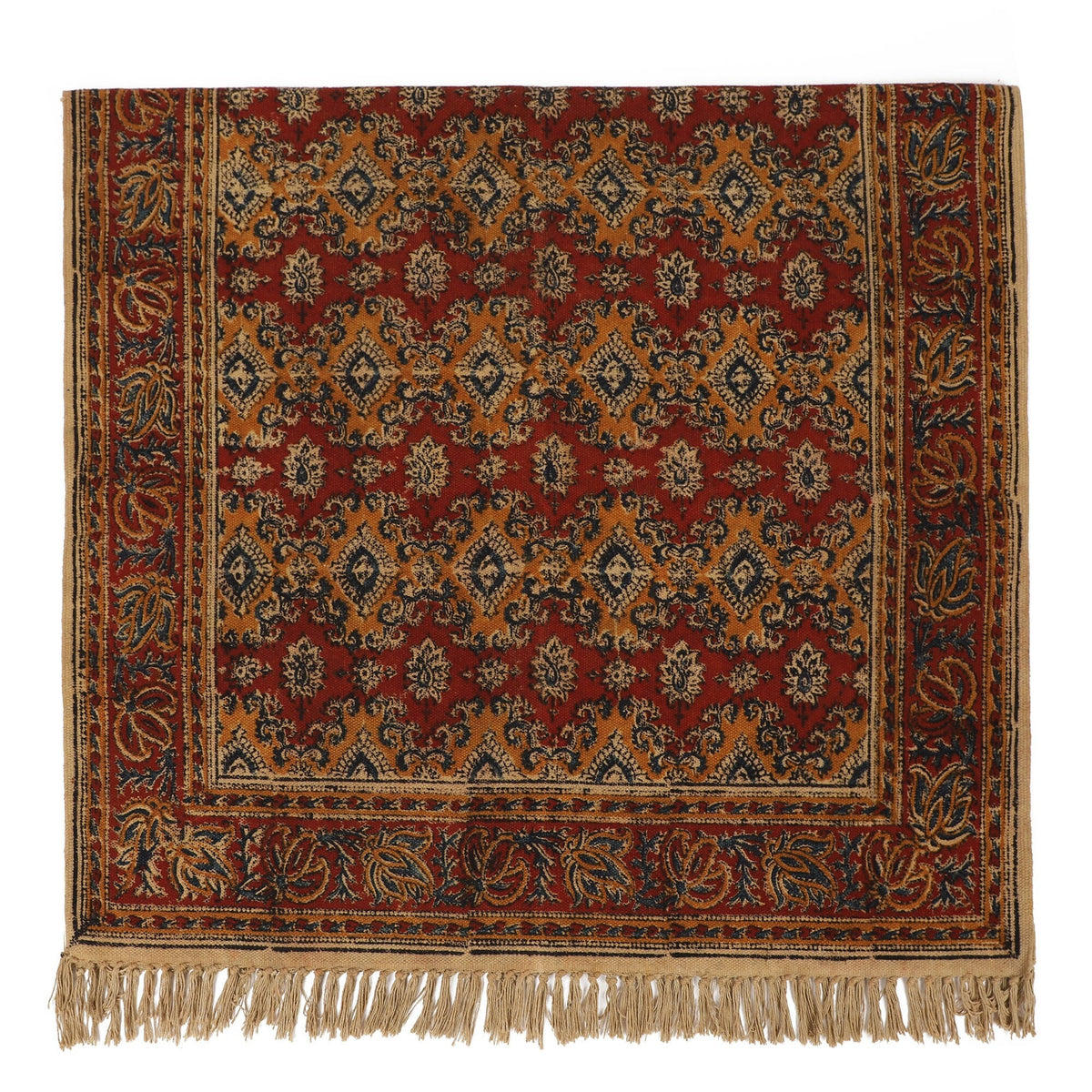 Large Cotton Yoga Mat - 5x3 feet Area Rug - Kalamkari Hand Block Printed - Cotton Area/Yoga Rug - Handwoven Cotton Carpet