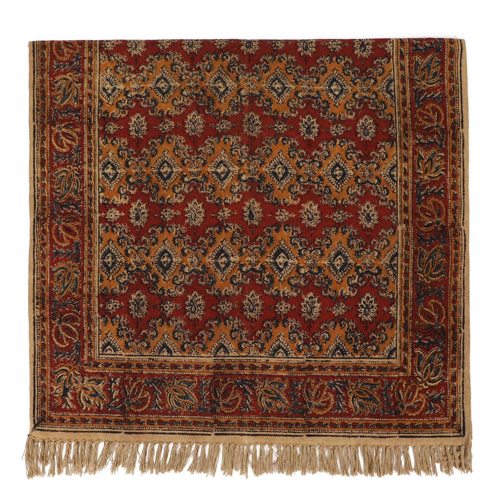 Large Cotton Yoga Mat - 5x3 feet Area Rug - Kalamkari Hand Block Printed - Cotton Area/Yoga Rug - Handwoven Cotton Carpet