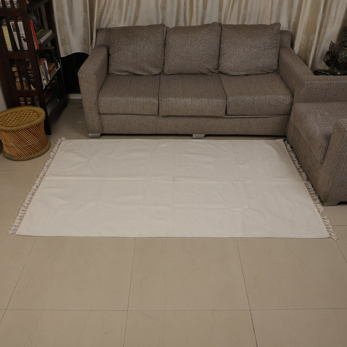 6 by 4 Feet Large Area Cotton Yoga Rug - Handwoven Natural White Cotton Rug, Organic White Ivory Cotton Rug - Cotton Carpet - Made in India