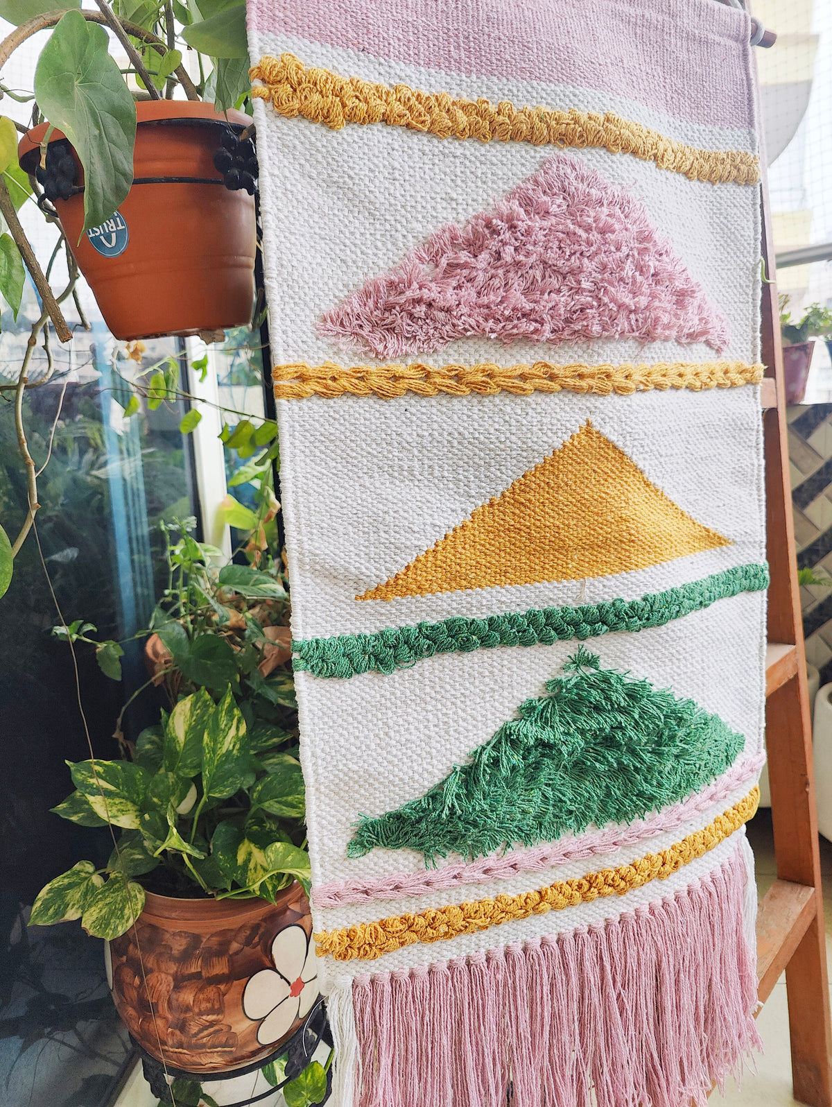 YogaKargha Handwoven Wall Rug, Wall Tapestry, Wall Hanging, Woven Wall Art Home Decor - Made with Upcycled Yarn - Love in Tokyo