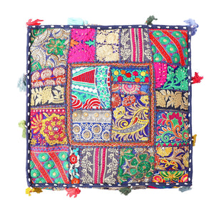 Embroidered Square Cushion Cover, Vintage Wall Hanging - Blue