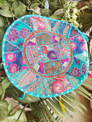 Embroidered Round Meditation Cushion Cover, Vintage Wall Hanging - Sky Blue