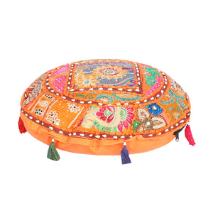 Embroidered Round Meditation Cushion Cover - Orange