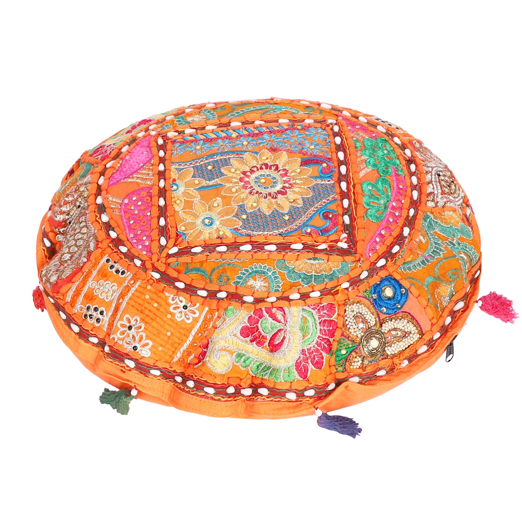 Embroidered Round Meditation Cushion Cover - Orange