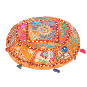 Embroidered Round Meditation Cushion Cover - Orange