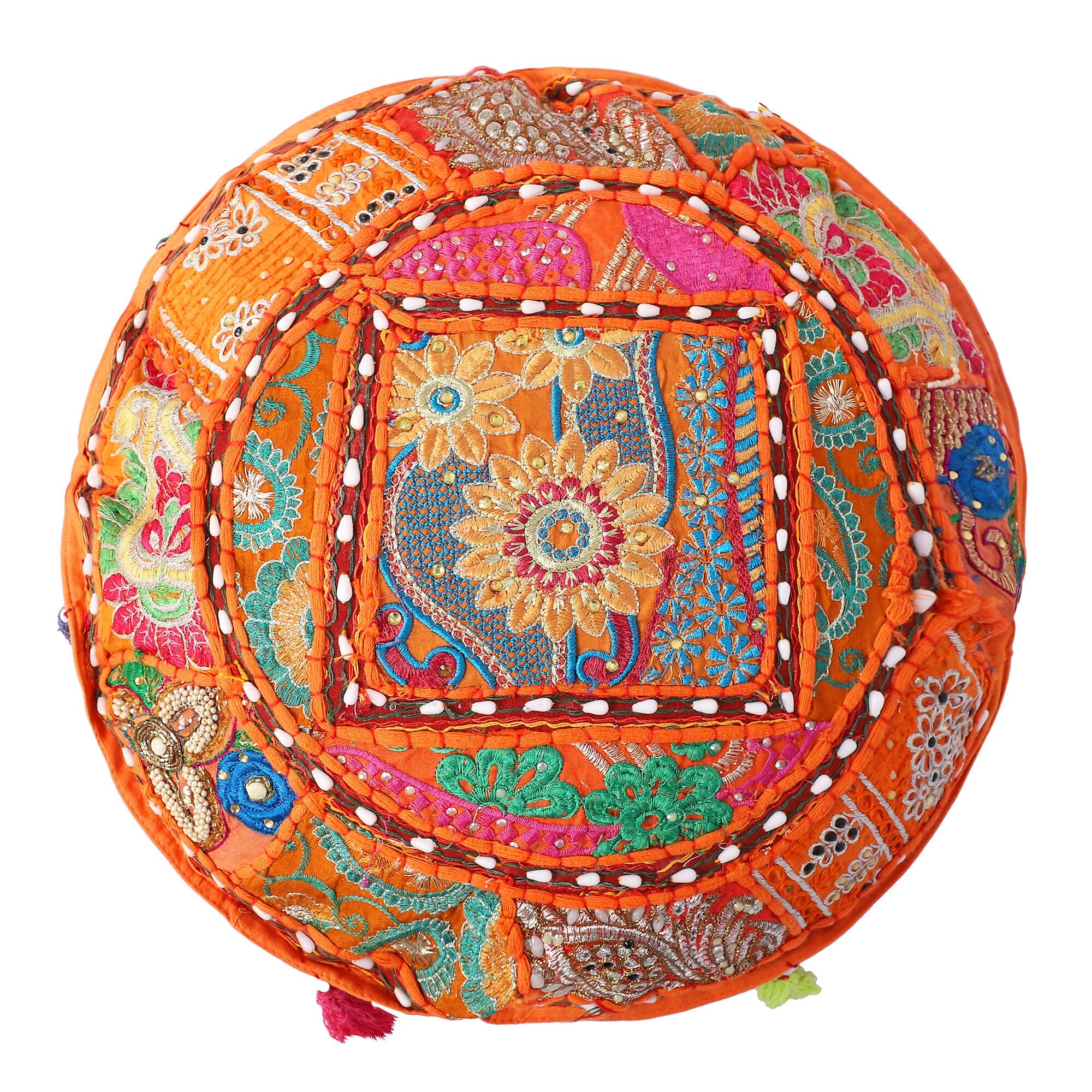 Embroidered Round Meditation Cushion Cover - Orange