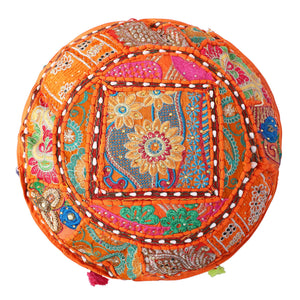 Embroidered Round Meditation Cushion Cover - Orange