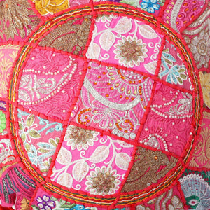 Embroidered Round Meditation Cushion Cover, Vintage Wall Hanging - Pink