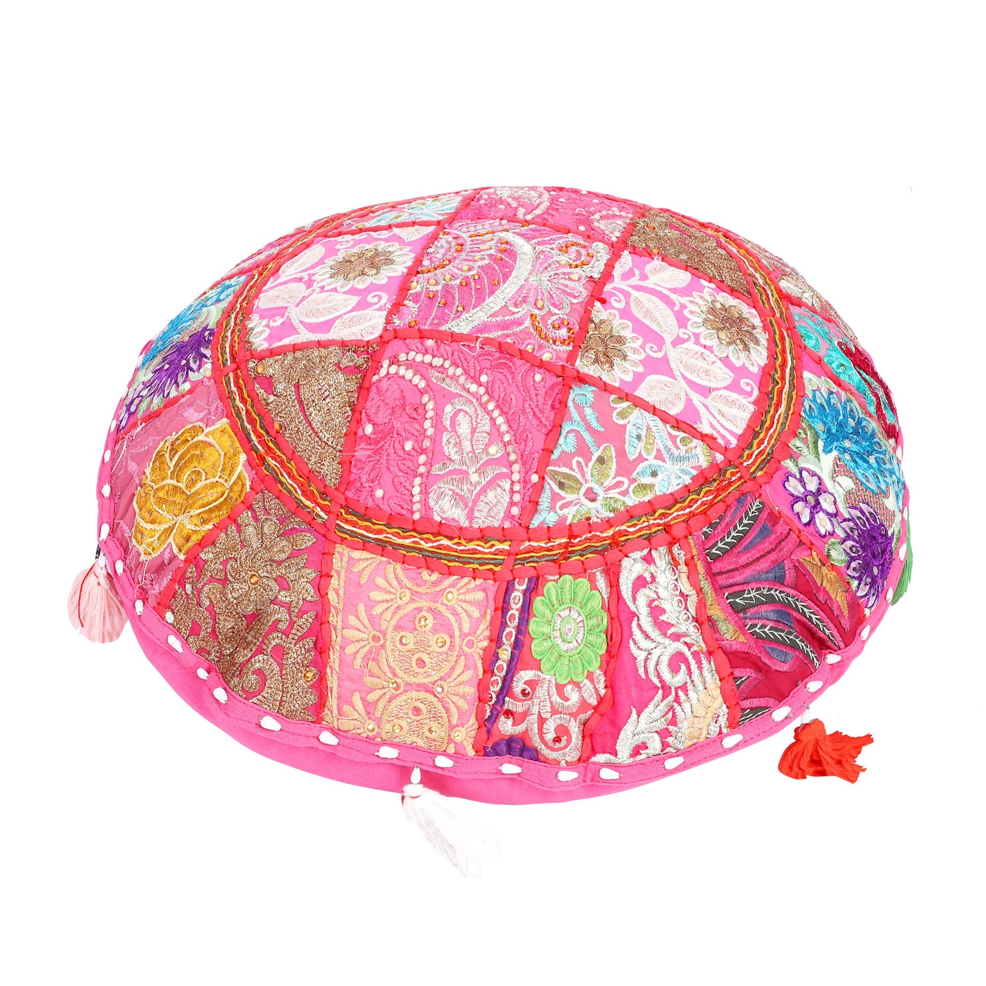 Embroidered Round Meditation Cushion Cover, Vintage Wall Hanging - Pink