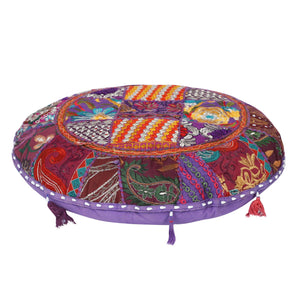 Embroidered Round Cushion Cover, Vintage Wall Hanging -  Purple