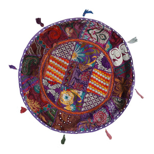 Embroidered Round Cushion Cover, Vintage Wall Hanging -  Purple