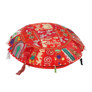 Embroidered Round Cushion Cover, Vintage Wall Hanging -  Red