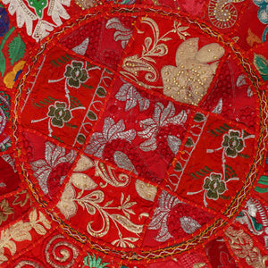 Embroidered Round Cushion Cover, Vintage Wall Hanging -  Red