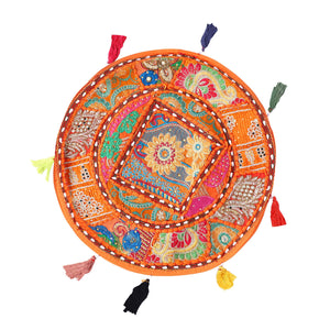 Embroidered Round Meditation Cushion Cover - Orange