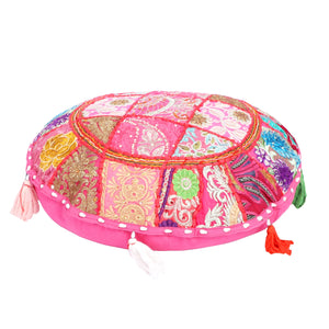 Embroidered Round Meditation Cushion Cover, Vintage Wall Hanging - Pink