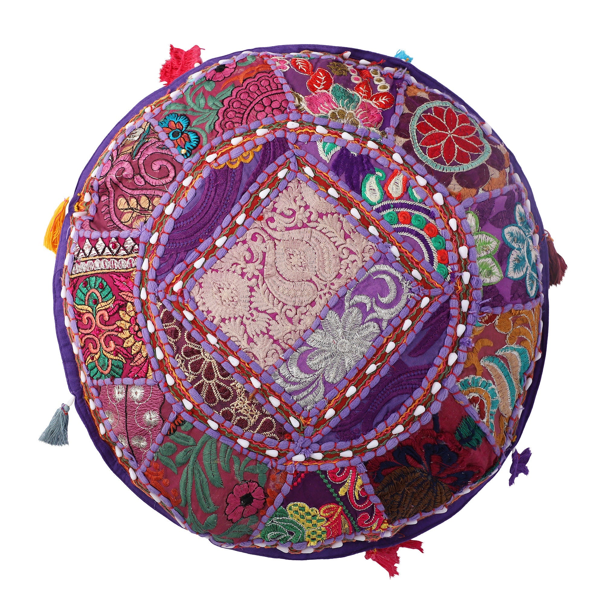 Embroidered Round Meditation Cushion Cover, Vintage Wall Hanging - Purple