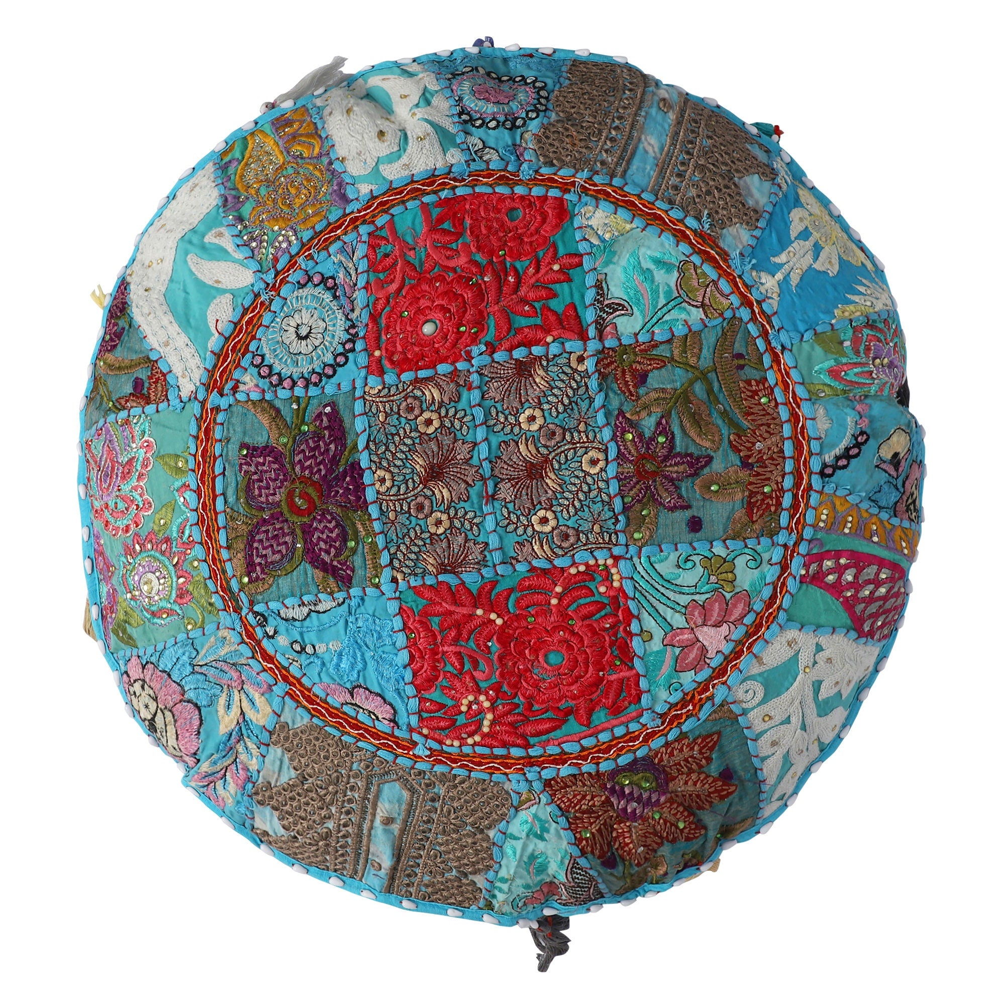 Embroidered Round Cushion Cover, Vintage Wall Hanging -  SkyBlue