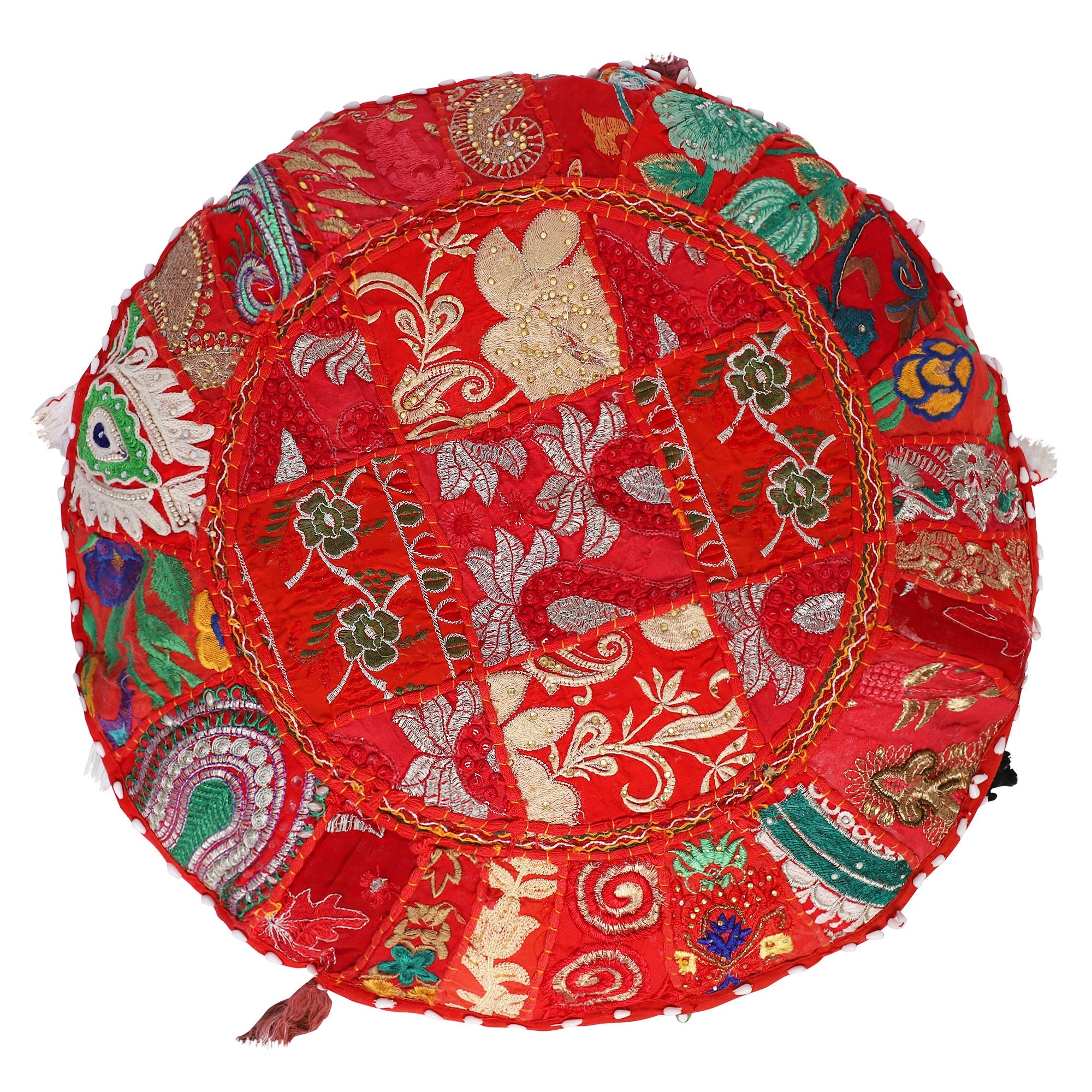 Embroidered Round Cushion Cover, Vintage Wall Hanging -  Red