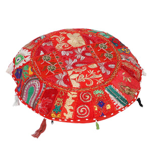 Embroidered Round Cushion Cover, Vintage Wall Hanging -  Red