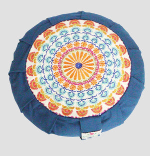 Embroidered Round Portable Meditation Cushion, Zafu Yoga Pillow - Steel Blue